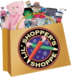 Little Shopper's Shoppe logo on a shopping bag overflowing with gifts