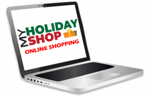 Laptop computer with My Holiday Shop Online Shopping on screen