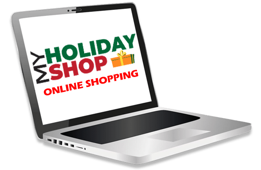 Laptop computer with My Holiday Shop Online Shopping on screen