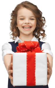 Happy child handing you a wrapped present