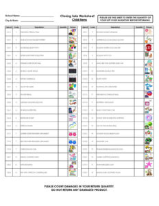 Closing sale worksheet sample featuring Child items