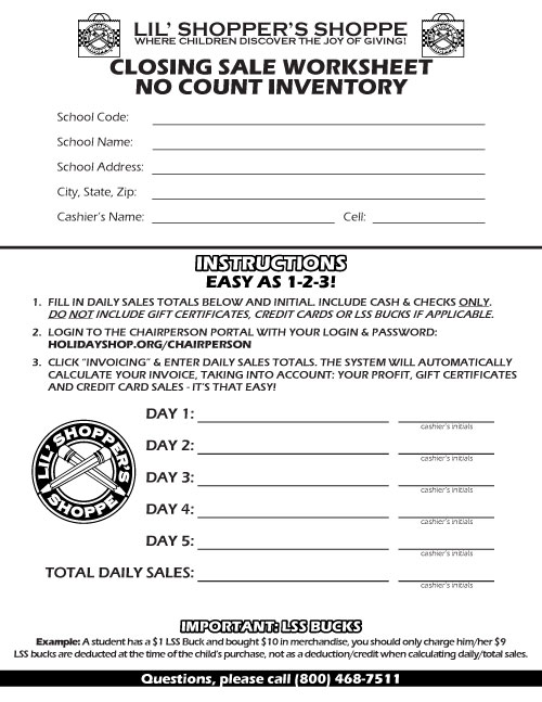 Lil' Shopper's Shoppe Closing Sale Worksheet No Count Sample