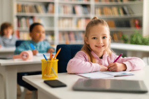 Happy european school girl smiling at camera, sitting at desk in classroom with classmates on background