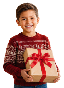 Happy child holding a present